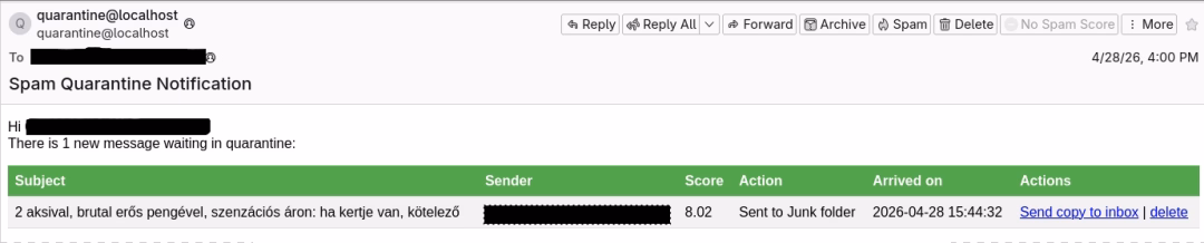 Sample email with a notifcation that SPAM has been received and got put into quarantine